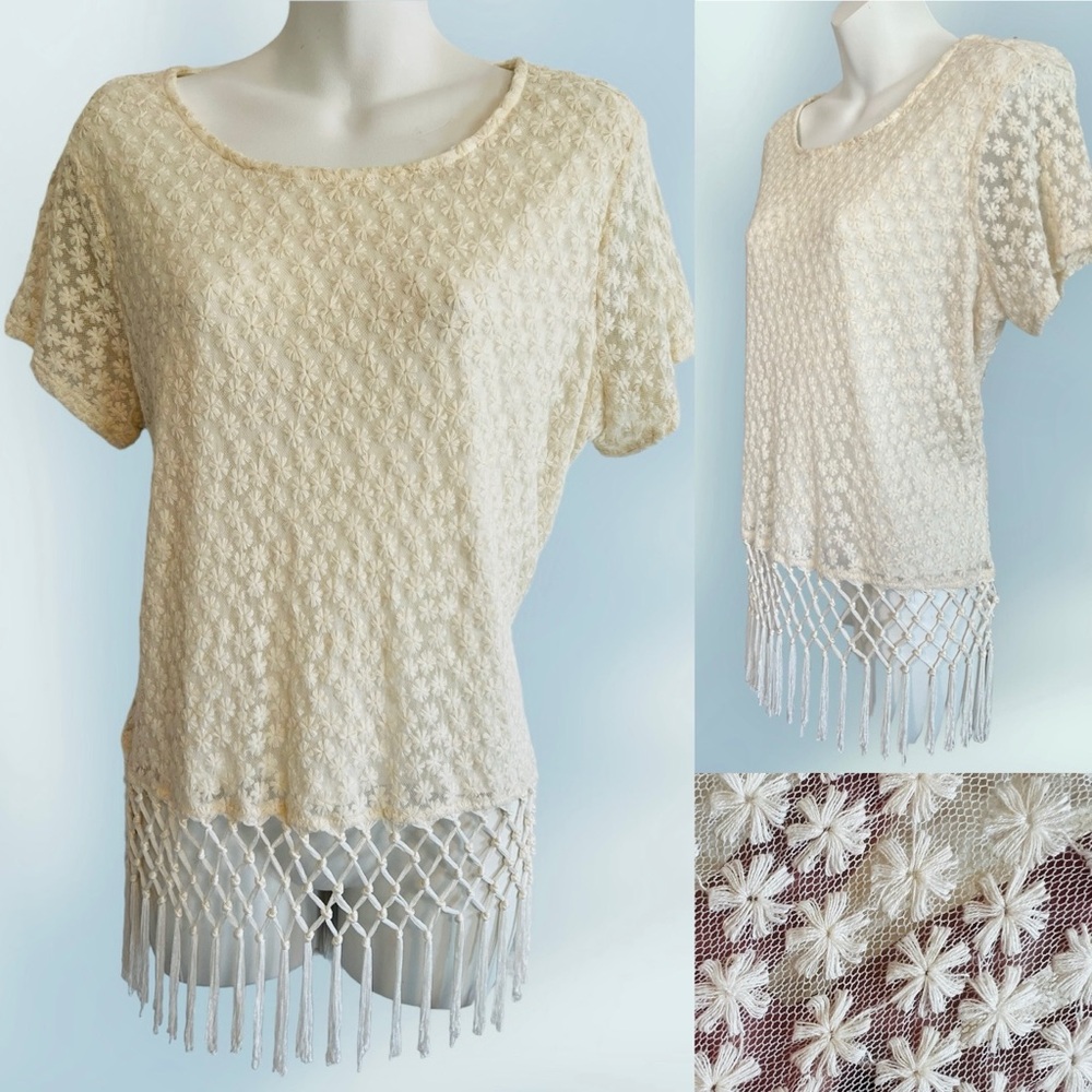 Earl Jeans women’s cotton open knit, long fringe sweater, cream, white size PL